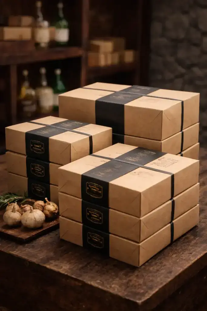 Cajas de envío con productos ibéricos listas para su distribución