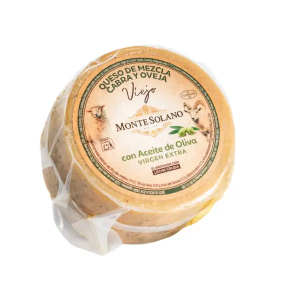 Queso de mezcla viejo Montesolano elaborado con leche cruda de oveja y cabra curado 180 días en aceite de oliva virgen extra