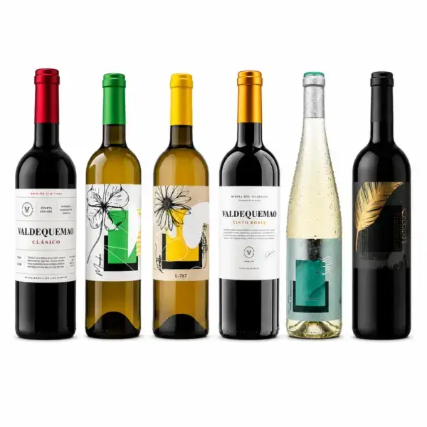 Pack gourmet de vinos Valdequemao con selección de vinos tintos, blancos y espumosos de Extremadura.