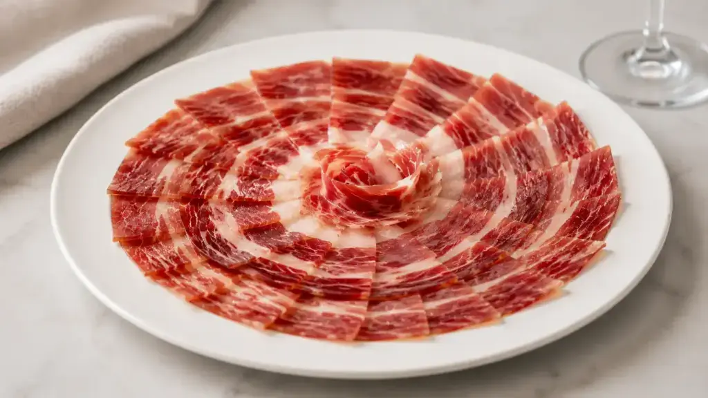 Plato de jamón ibérico cortado en finas lonchas